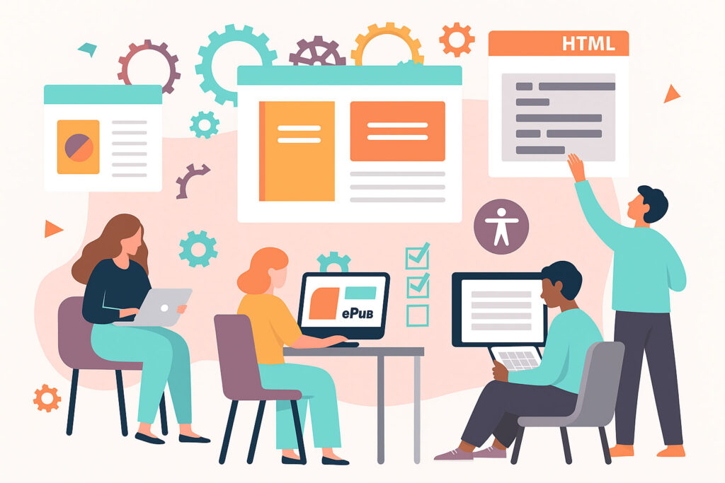 Ilustração flat design mostrando o fluxo de produção editorial digital de eBooks. Quatro profissionais usam laptops e tablets, com ícones de EPUB, HTML5 e acessibilidade, além de elementos gráficos de design de livros digitais.