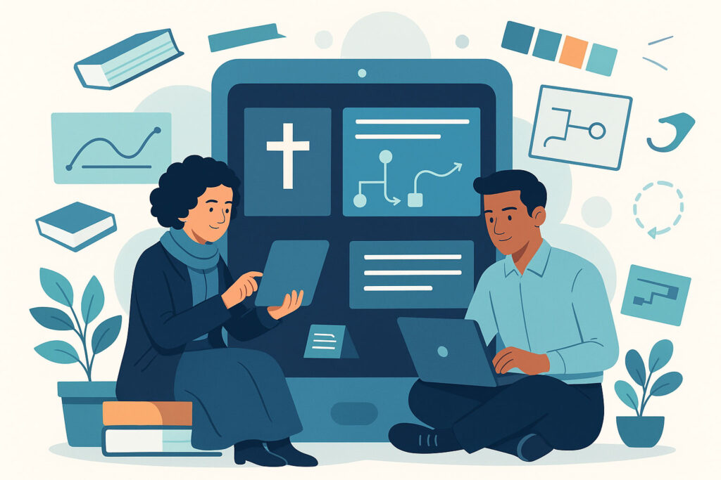 Ilustração em flat design com dois profissionais trabalhando na produção de livros digitais, ao redor de um tablet gigante exibindo livros e fluxos de produção. Uma mulher de cabelo curto e cacheado com saia longa, casaco e cachecol lê ou interage com a interface, enquanto um homem de pele morena clara e camisa azul trabalha em um laptop. Elementos flutuantes incluem livros, gráficos e janelas de interface.