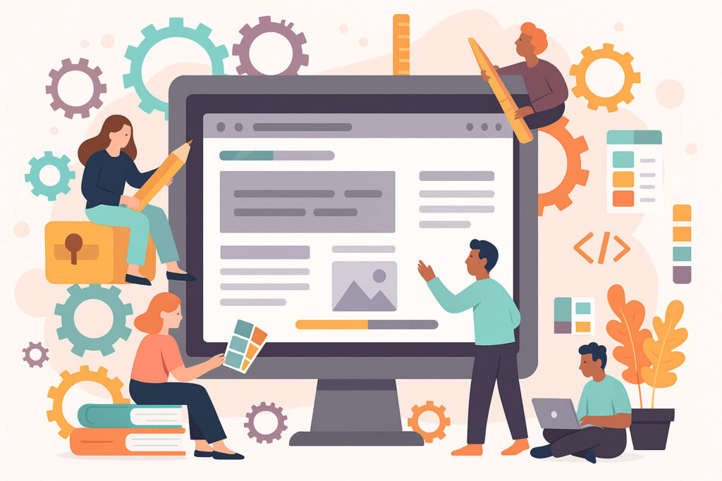 Ilustração em flat design mostrando profissionais trabalhando no desenvolvimento de um site, com uma interface web gigante ao centro, cercada por engrenagens, paletas de cores, códigos e ferramentas de design.